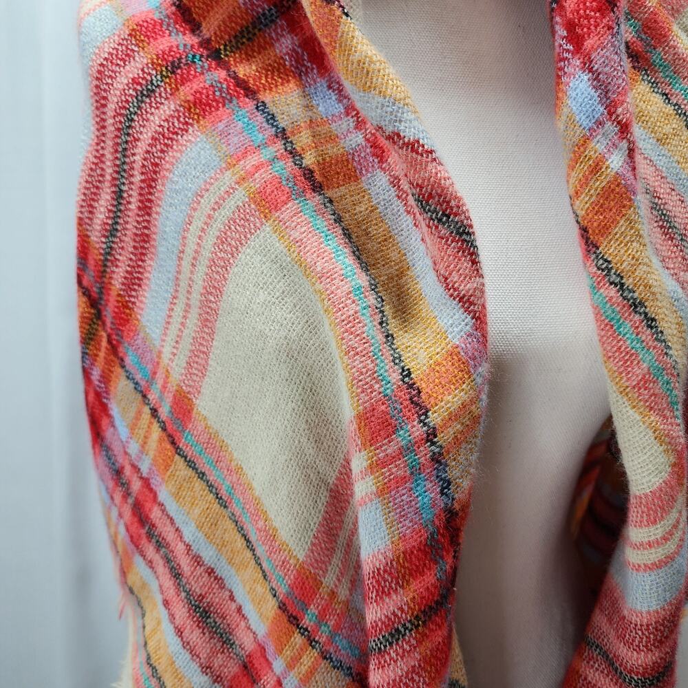 Red Plaid Neck Scarf | 58" Square Wrap Shawl | Fall Autumn Winter Layering Cover - Picture 4 of 6